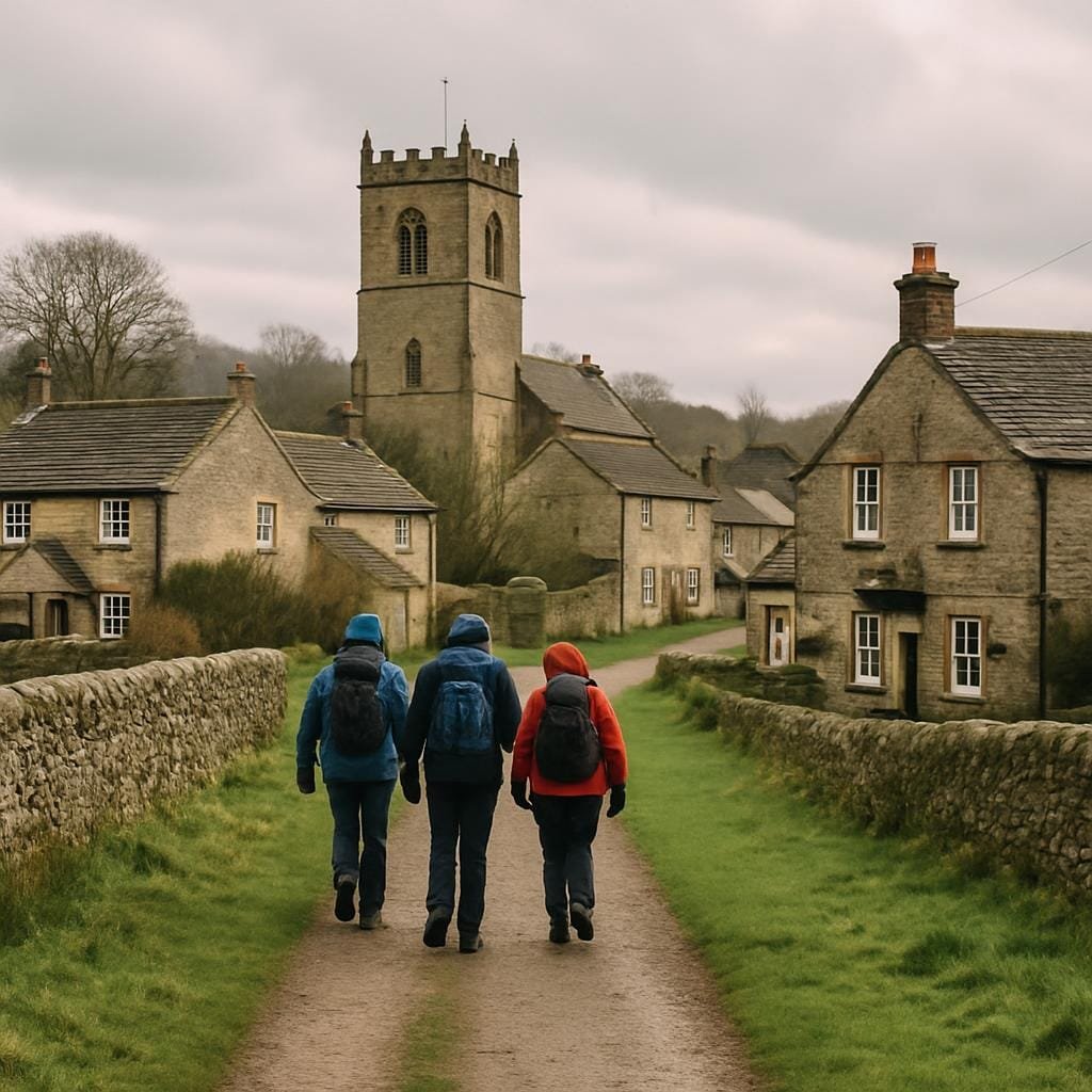 Hikers on a countryside footpath approaching a stone-built village with a corner pub.
