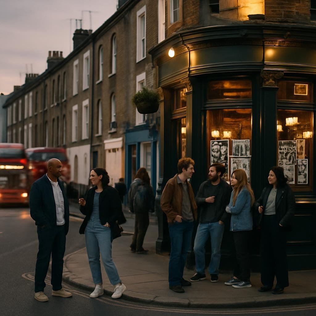 London pub on a Camden corner with people gathered outside