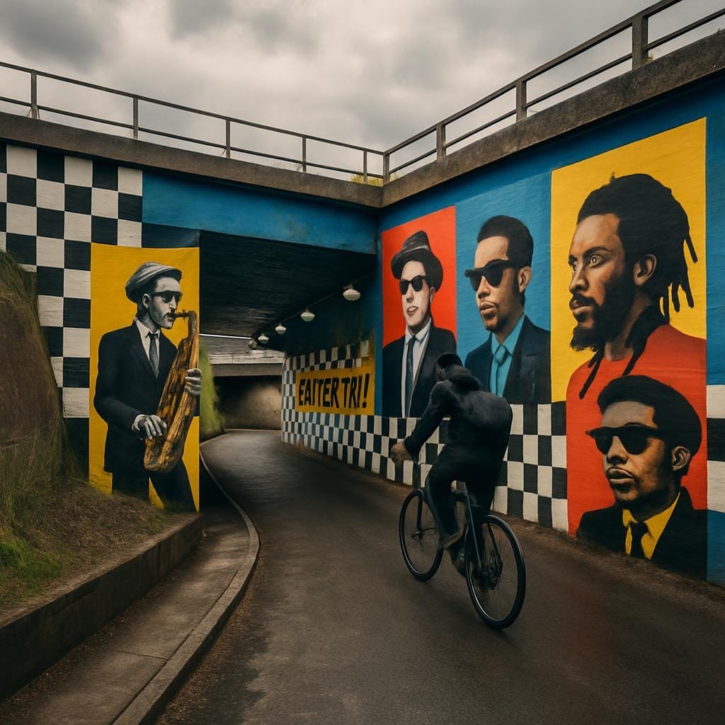 Cyclist passing ska-inspired murals in a Coventry underpass