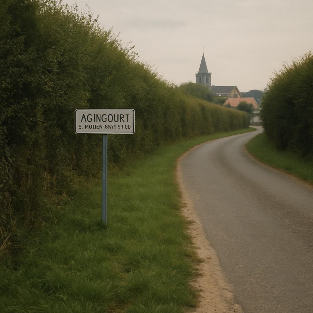 Country lane leading towards the Agincourt battlefield with a small roadside sign