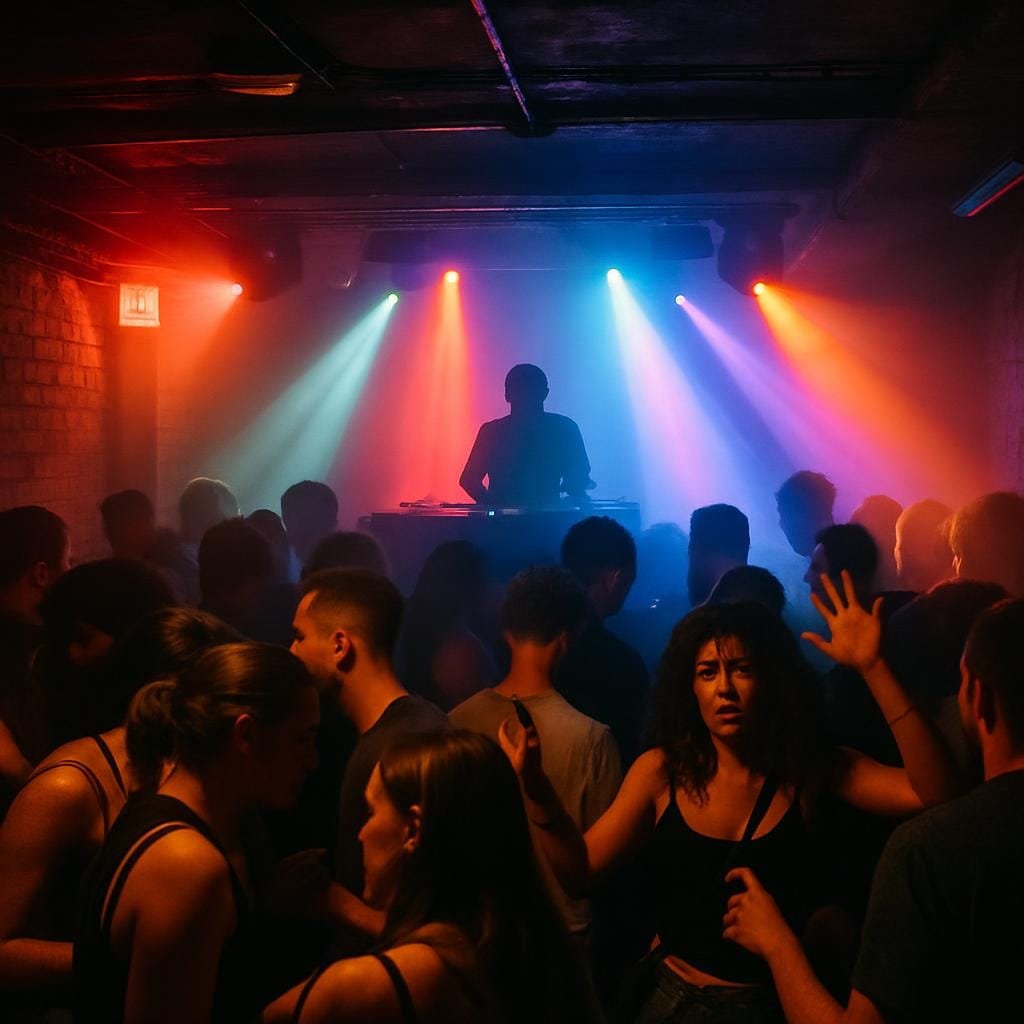 Crowd dancing in a small UK nightclub while a DJ plays under colourful lights.