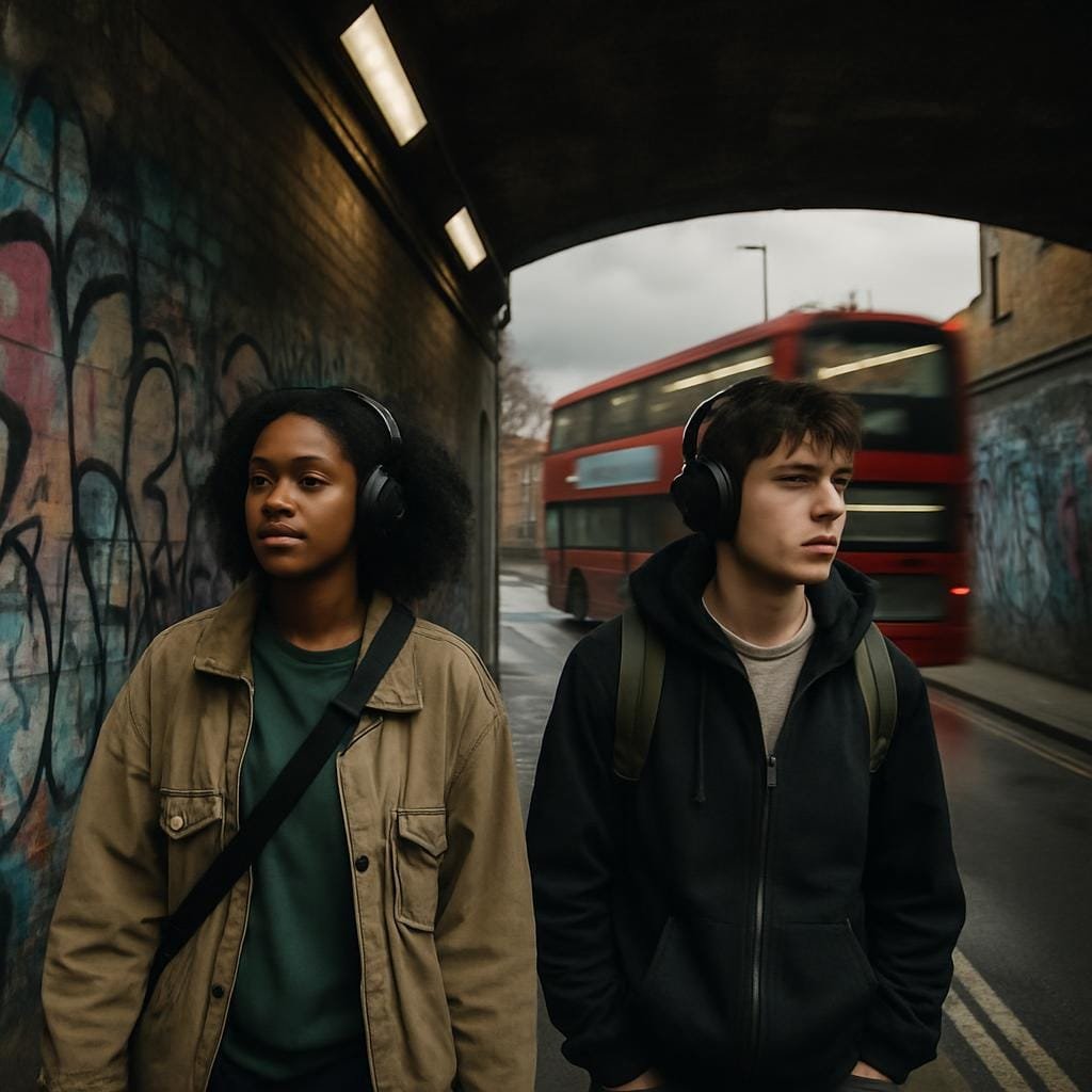 Two people walking past graffiti in an inner-city London tunnel with a bus in the background.