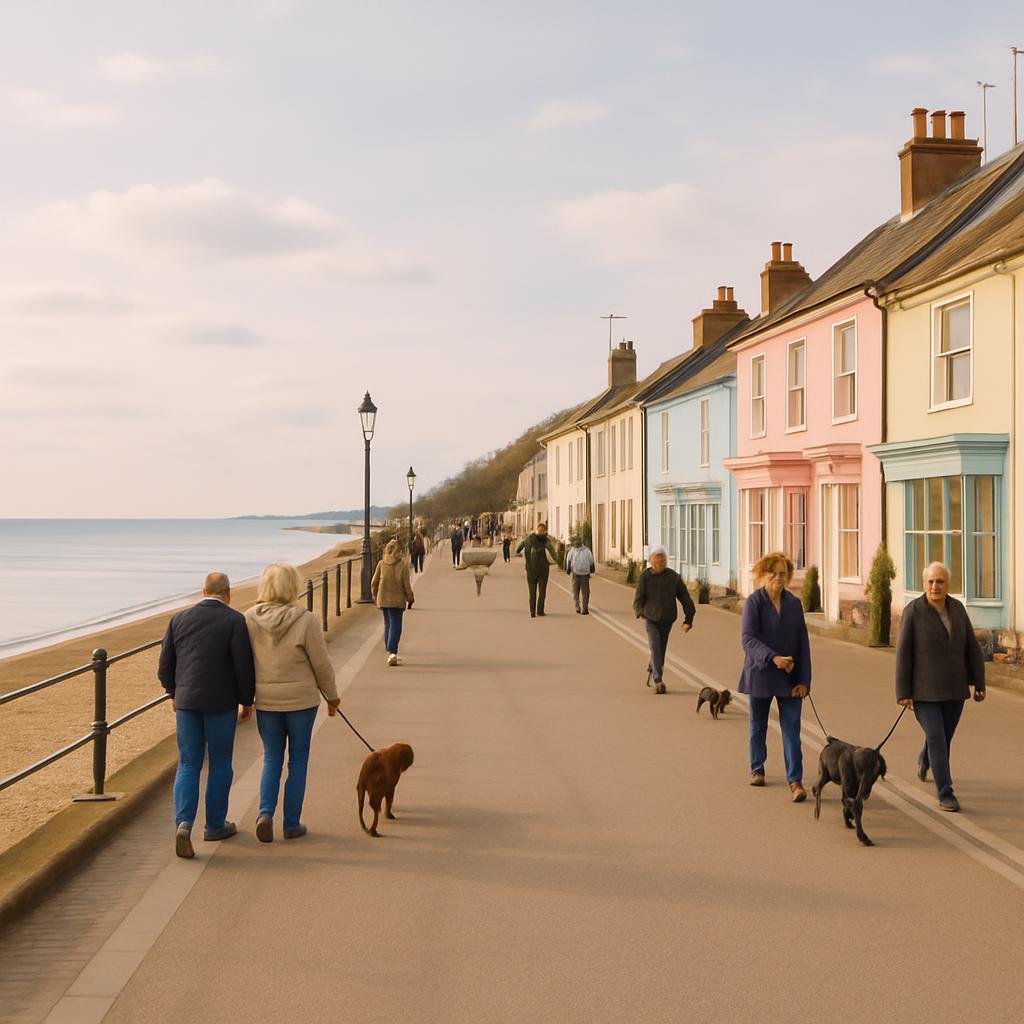 People strolling along a seafront promenade lined with small shops in a quiet British seaside town.
