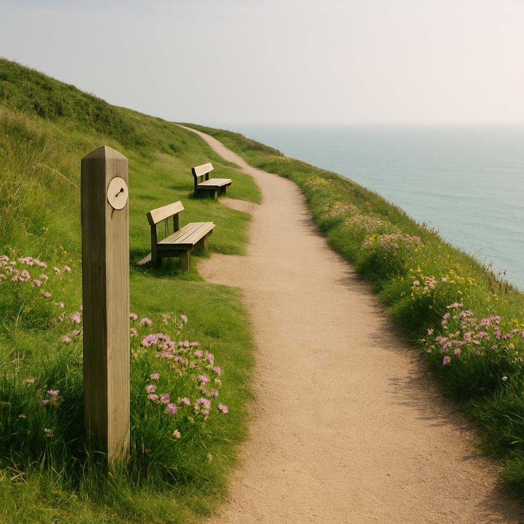 A smooth clifftop path with a waymark post and wildflowers overlooking calm blue sea.