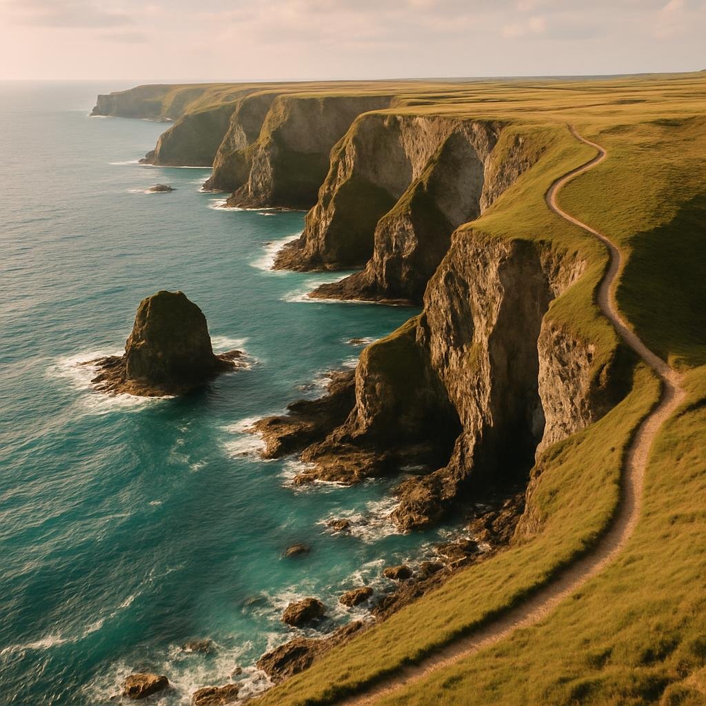 Aerial view of a rugged coastline with sheer cliffs and a narrow coastal path