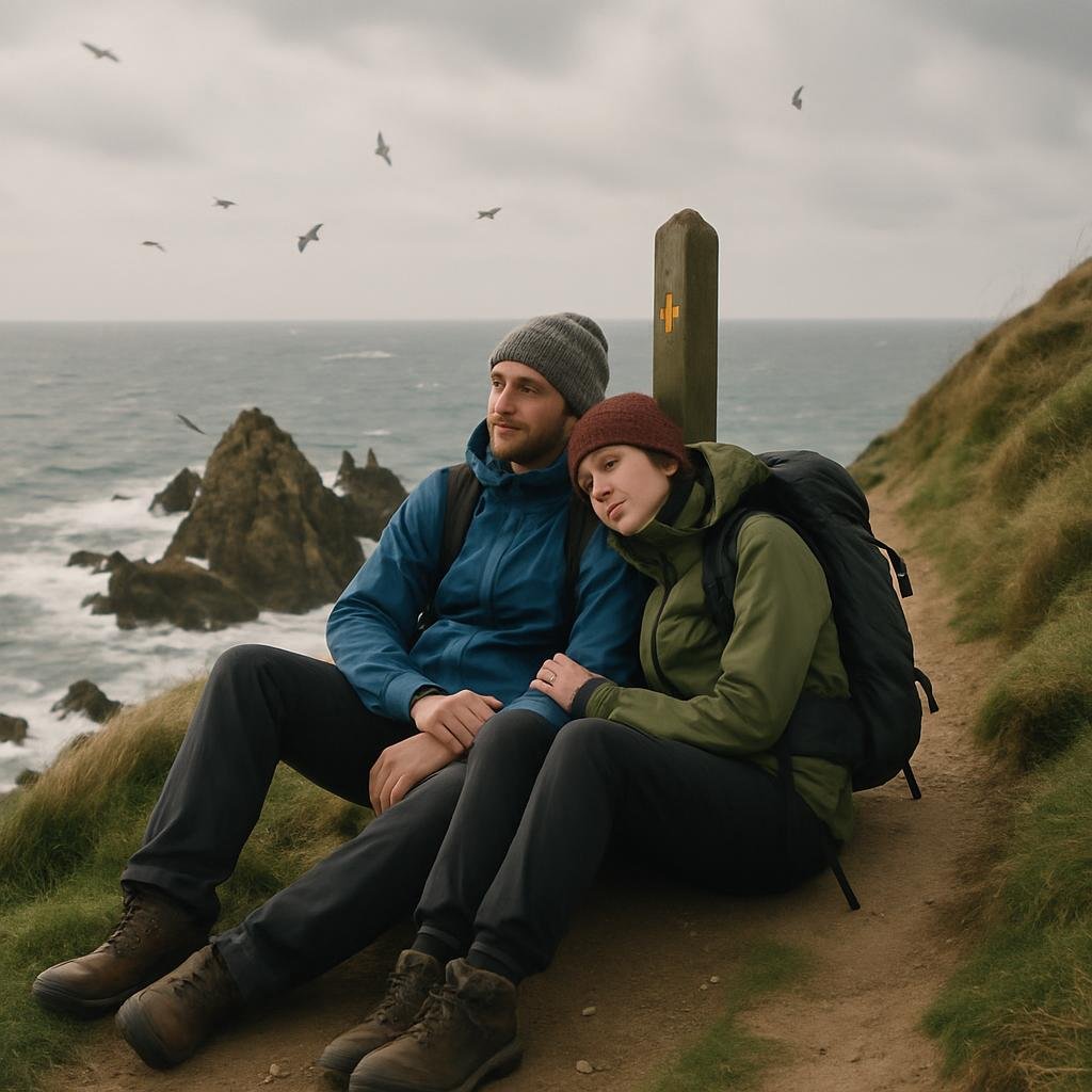 Walkers pausing by a waymarker on a windy cliff path with sea and rocks behind