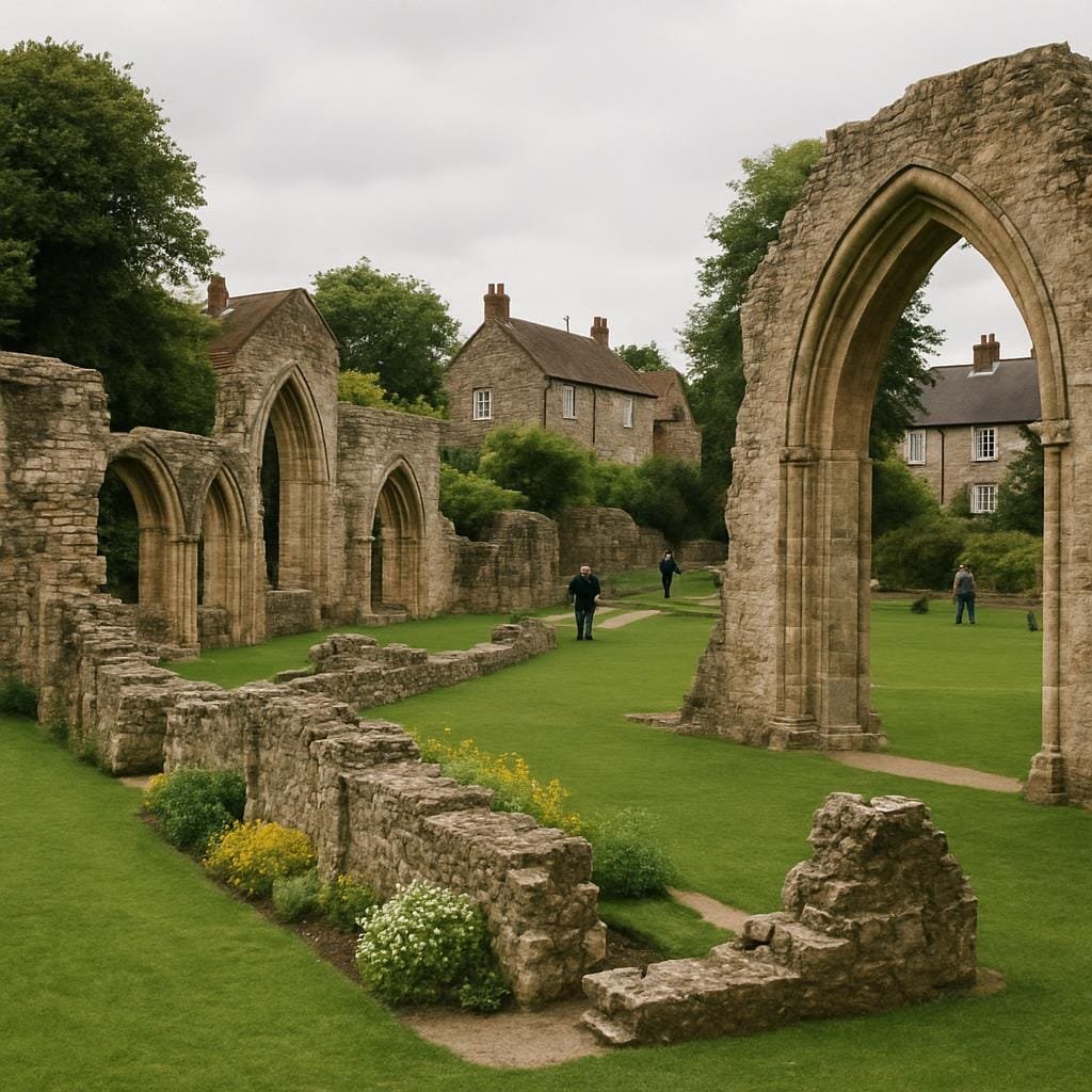 Stone ruins of Shaftesbury Abbey surrounded by green lawns and flowers