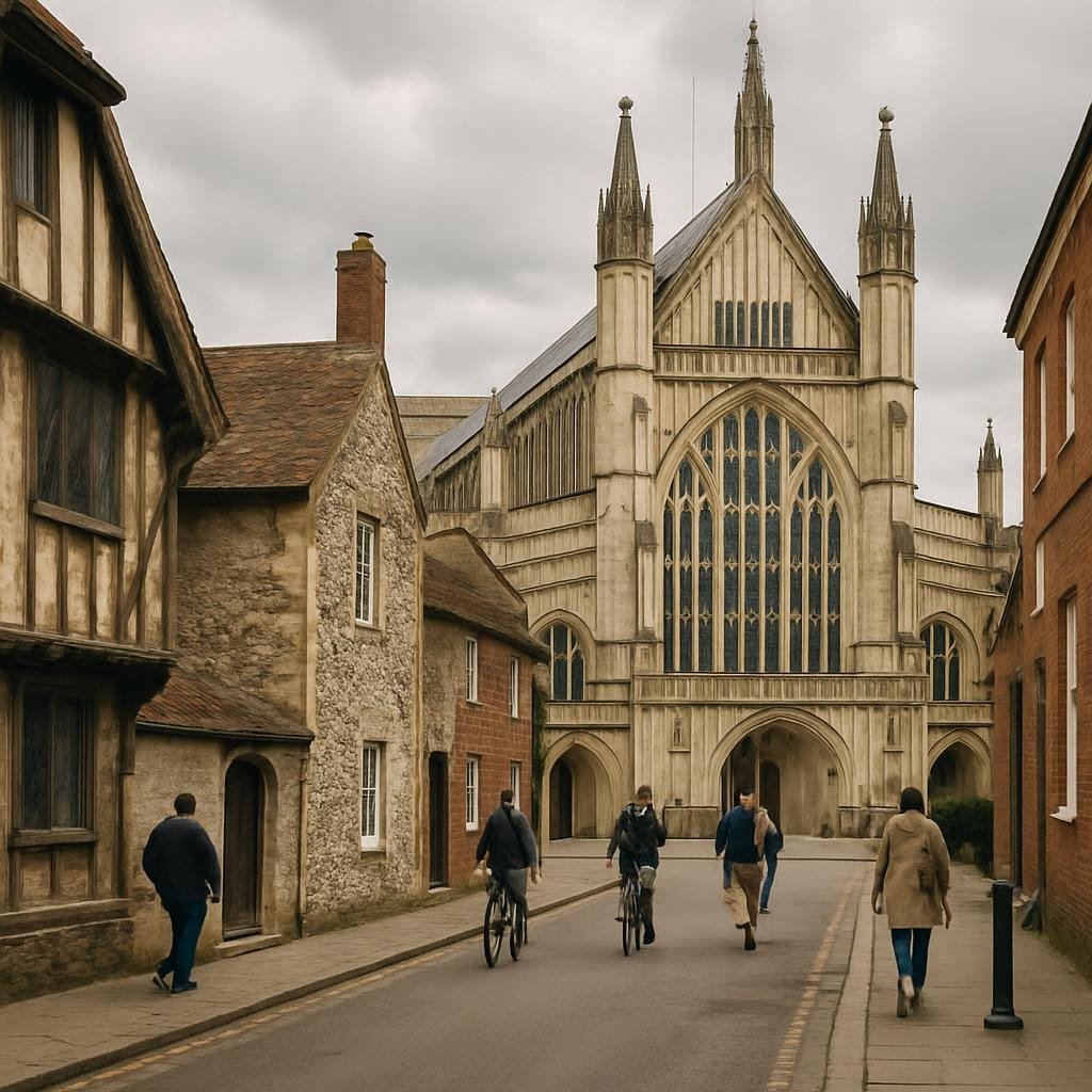 Winchester Cathedral rising behind a narrow street of historic buildings and pedestrians