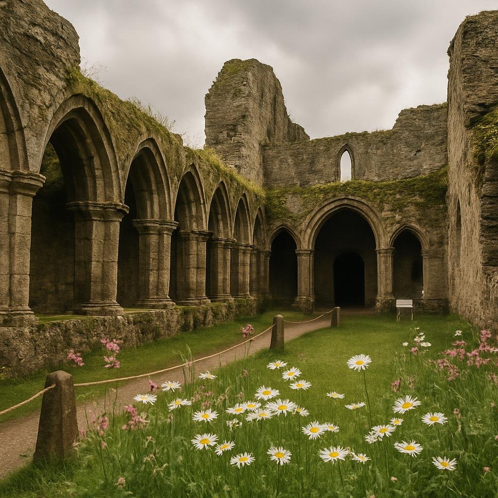 Mossy stone cloister arches and walls of a ruined English abbey