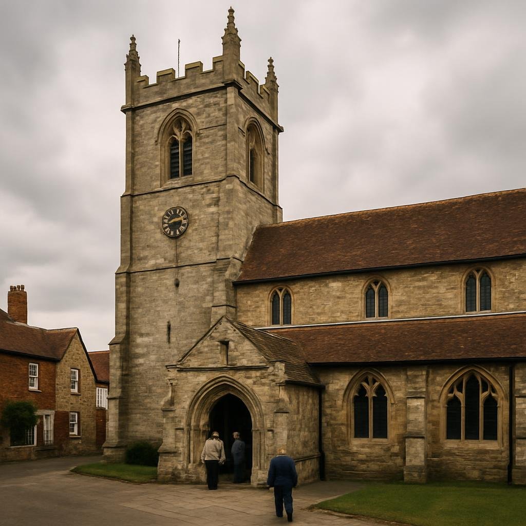 Historic stone church from a dissolved monastery beside a small English town street