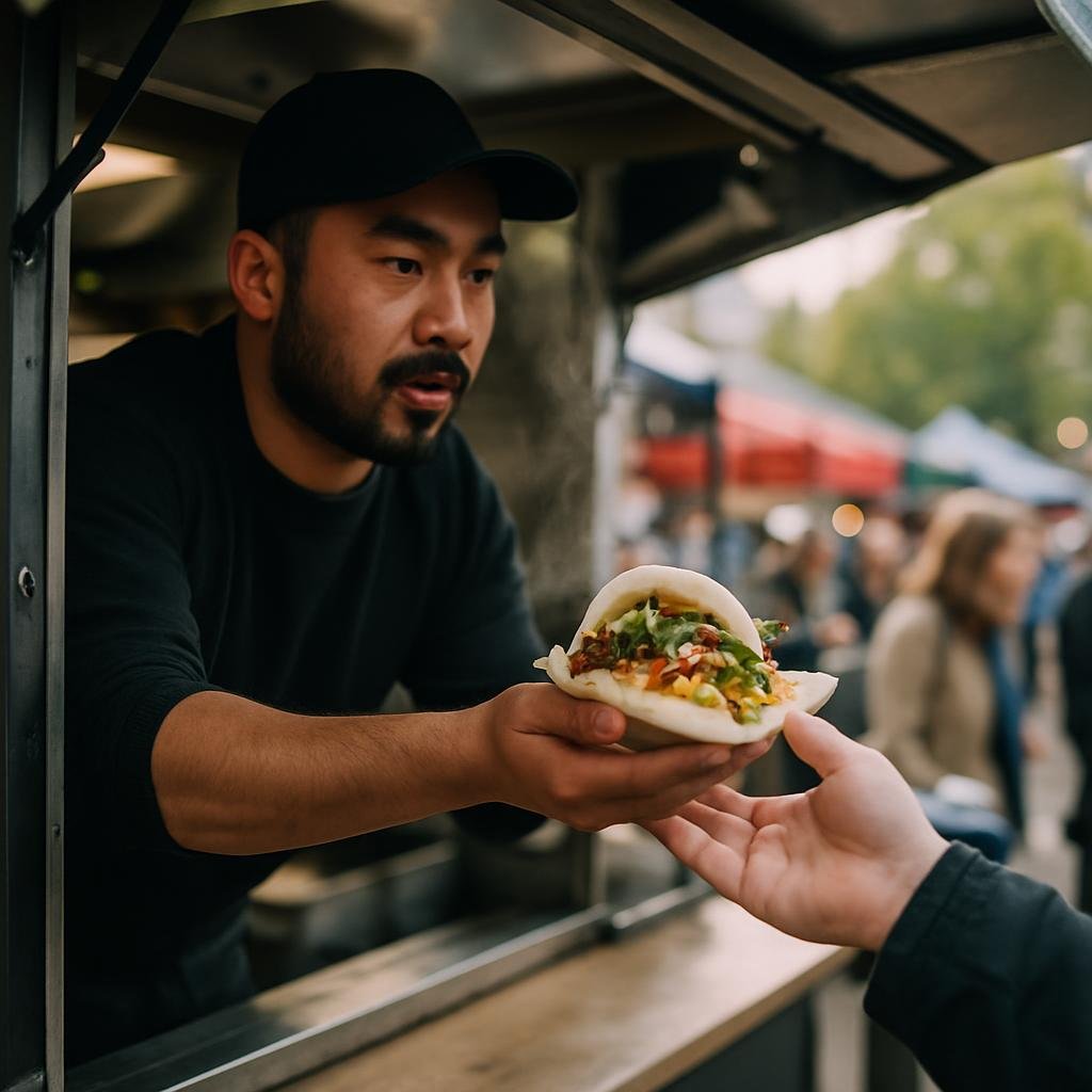 Street food vendor serving a bao bun to a customer at a busy London market.