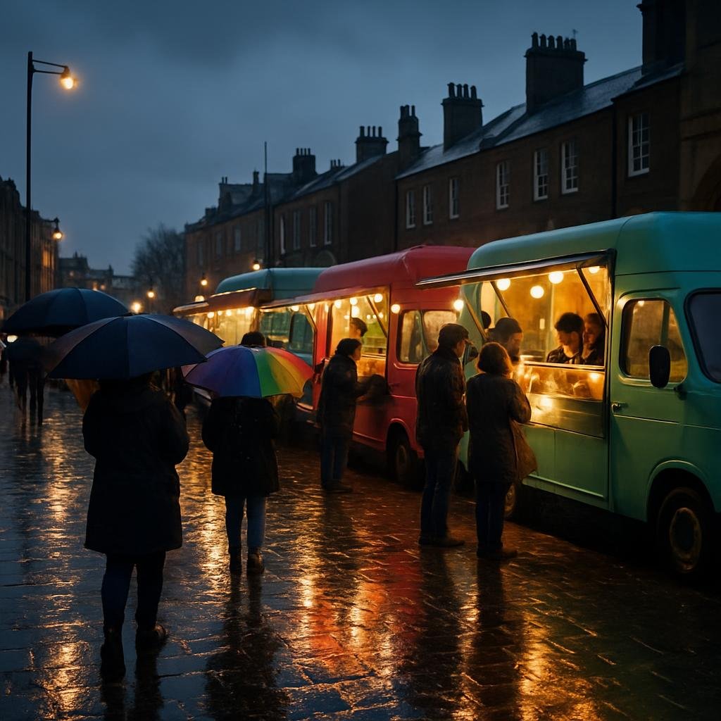 People queuing at colourful food vans on a rainy evening in a northern UK city.