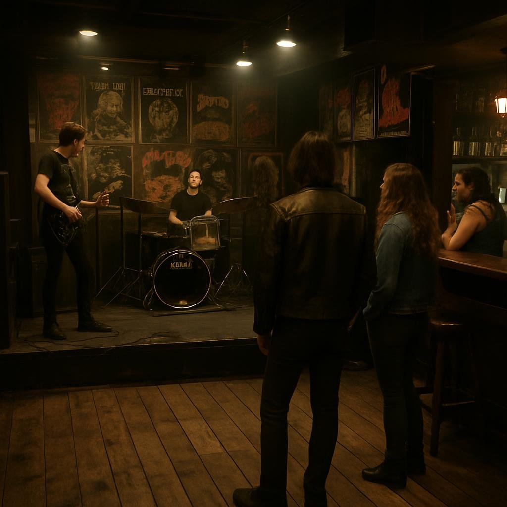 Interior of a small British rock club with a band sound-checking and fans gathering by the bar