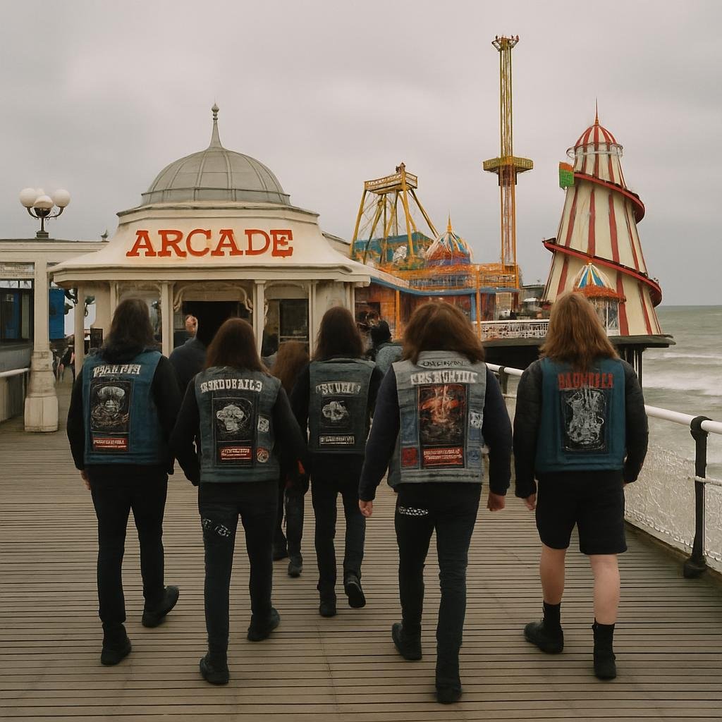 Metal fans in black jackets walking along a grey British seaside pier with arcades and rides
