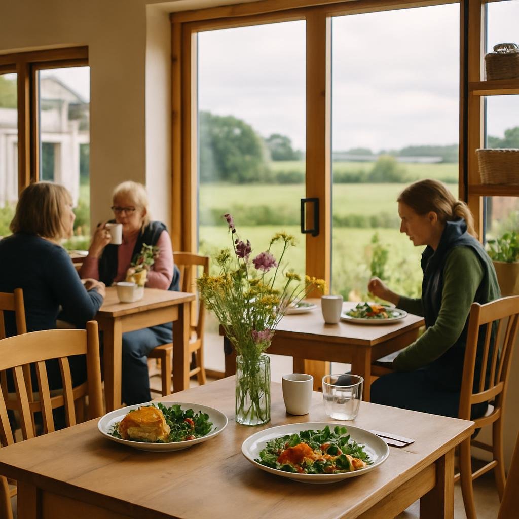 People eating seasonal dishes in a bright café overlooking UK farmland