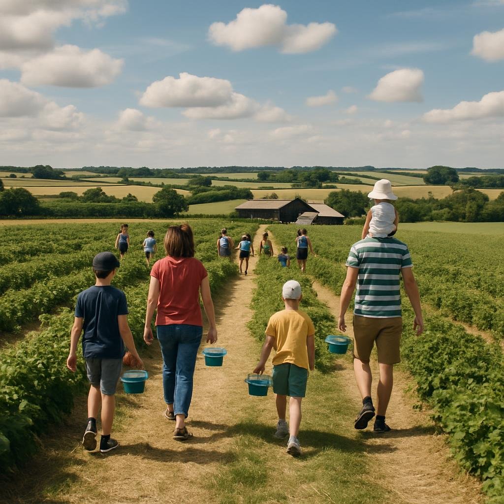 Families picking berries in rows of plants on a sunny UK farm
