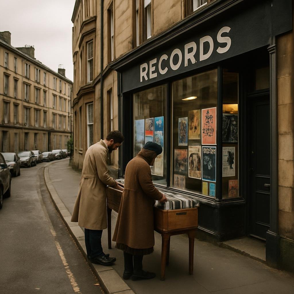 Independent record shop on a quiet Glasgow street with people browsing outside