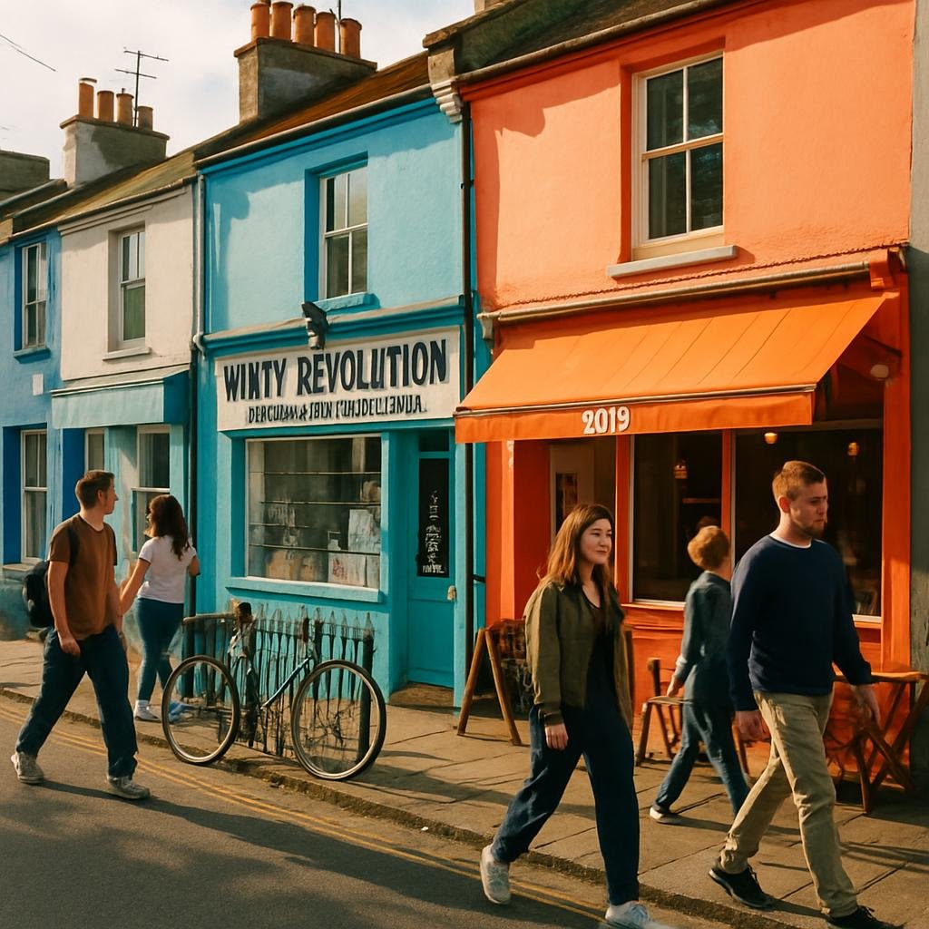 Brighton street of colourful shops with a second-hand record store and passing pedestrians