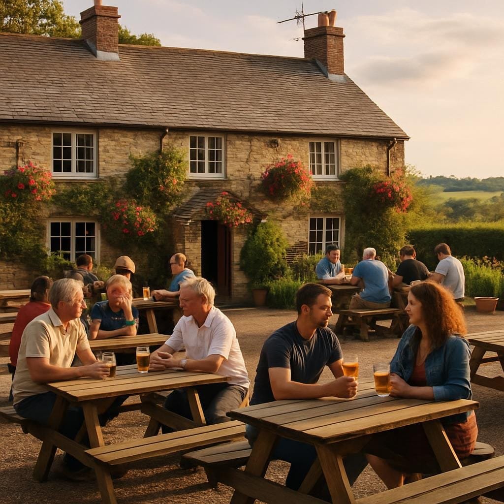Busy British pub garden with people drinking cider at wooden tables