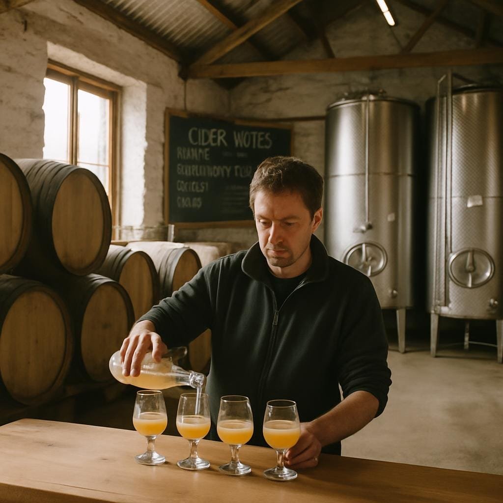 Cider producer pouring tasters in a barn with barrels and tanks behind