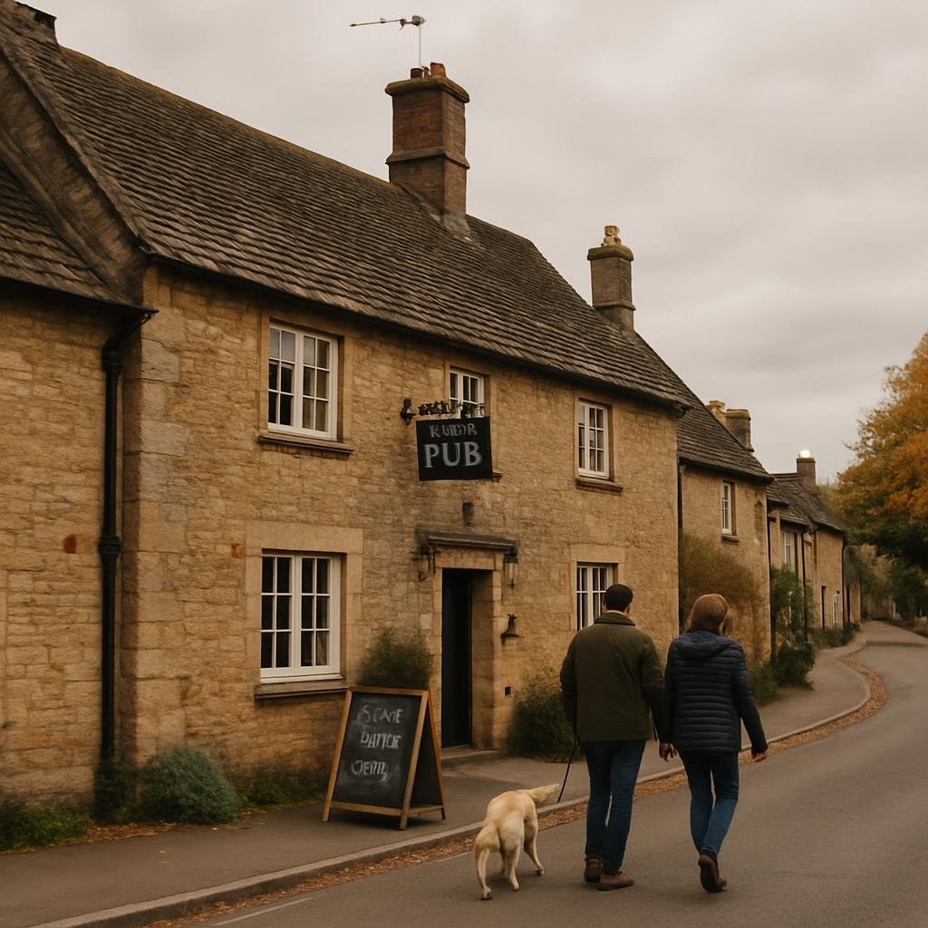 Stone village pub on a quiet British high street with a couple walking a dog outside.