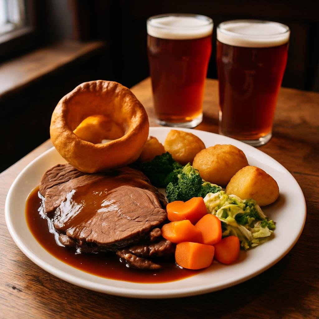 Classic British Sunday roast with beef, Yorkshire puddings and vegetables on a pub table.