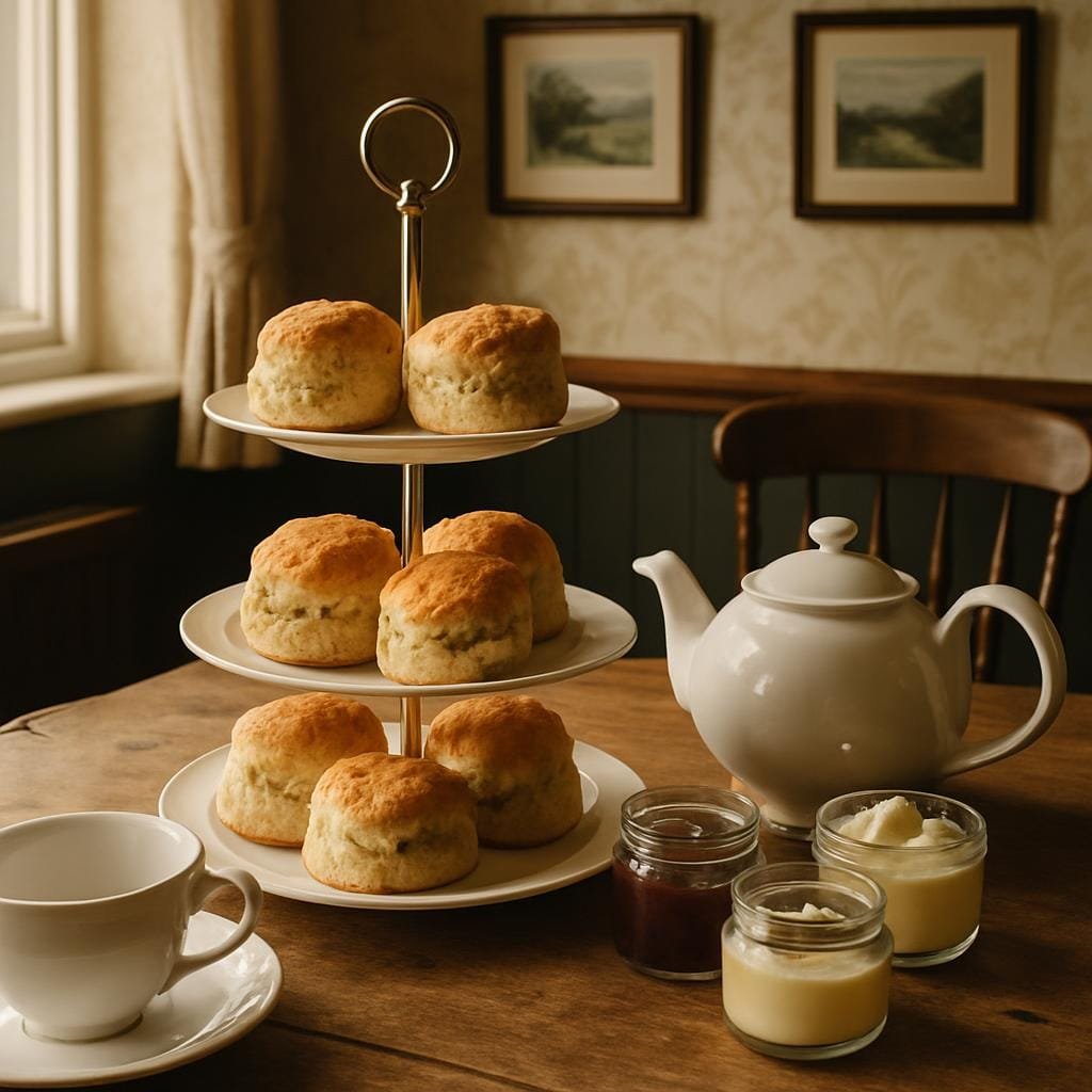 Traditional cream tea with scones and a teapot on a wooden table in a cosy British tearoom