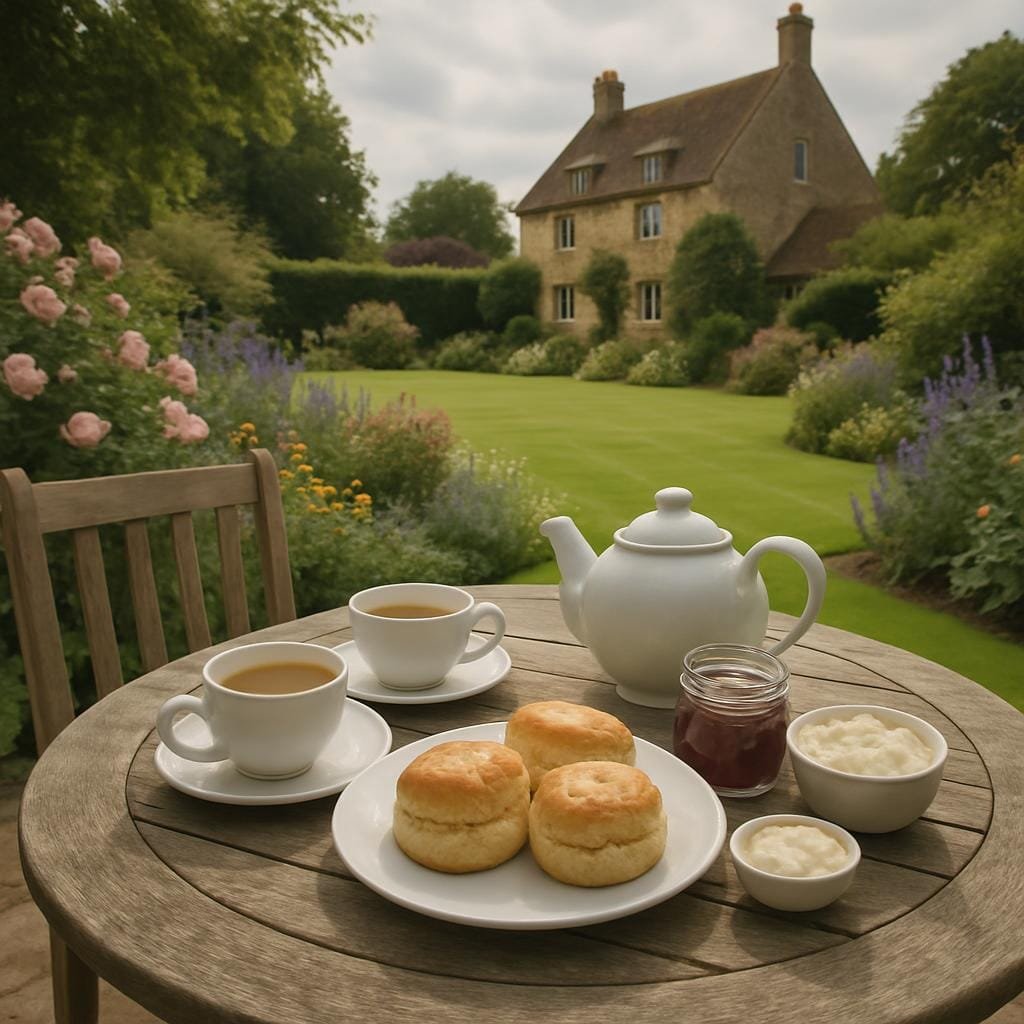 Cream tea on an outdoor table in an English country garden with flowers and lawns in the background