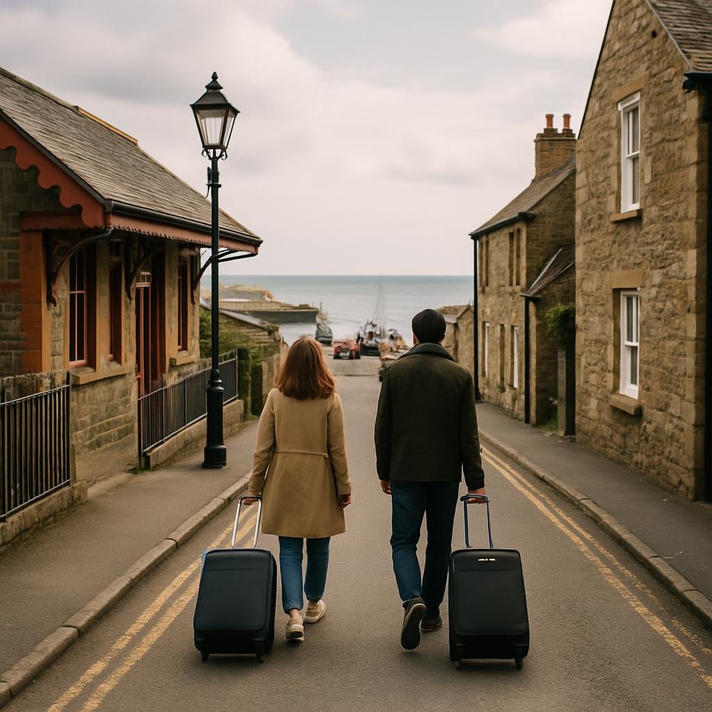 Travellers walking from a village train station down to a UK harbour.