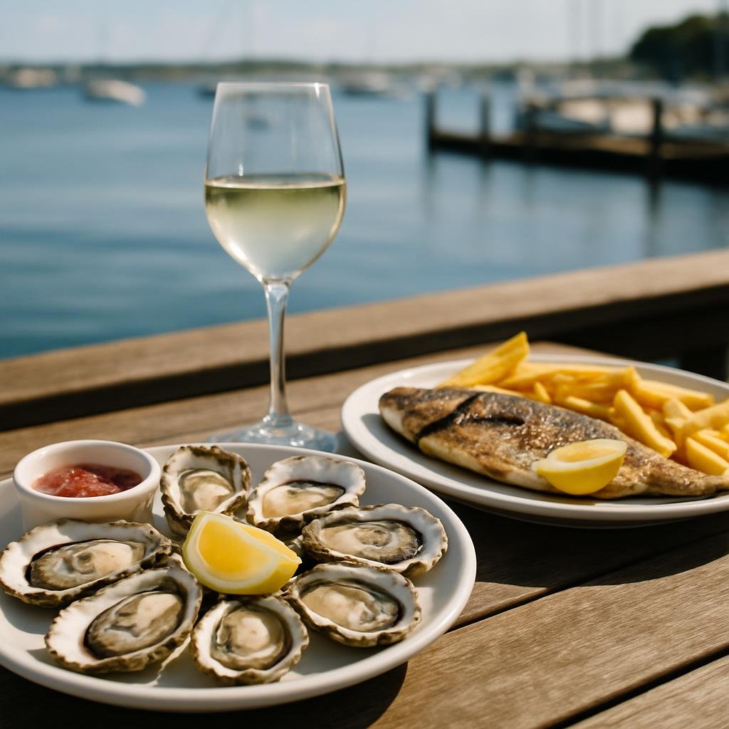Seafood dishes on a table at a coastal restaurant with the sea in the background.